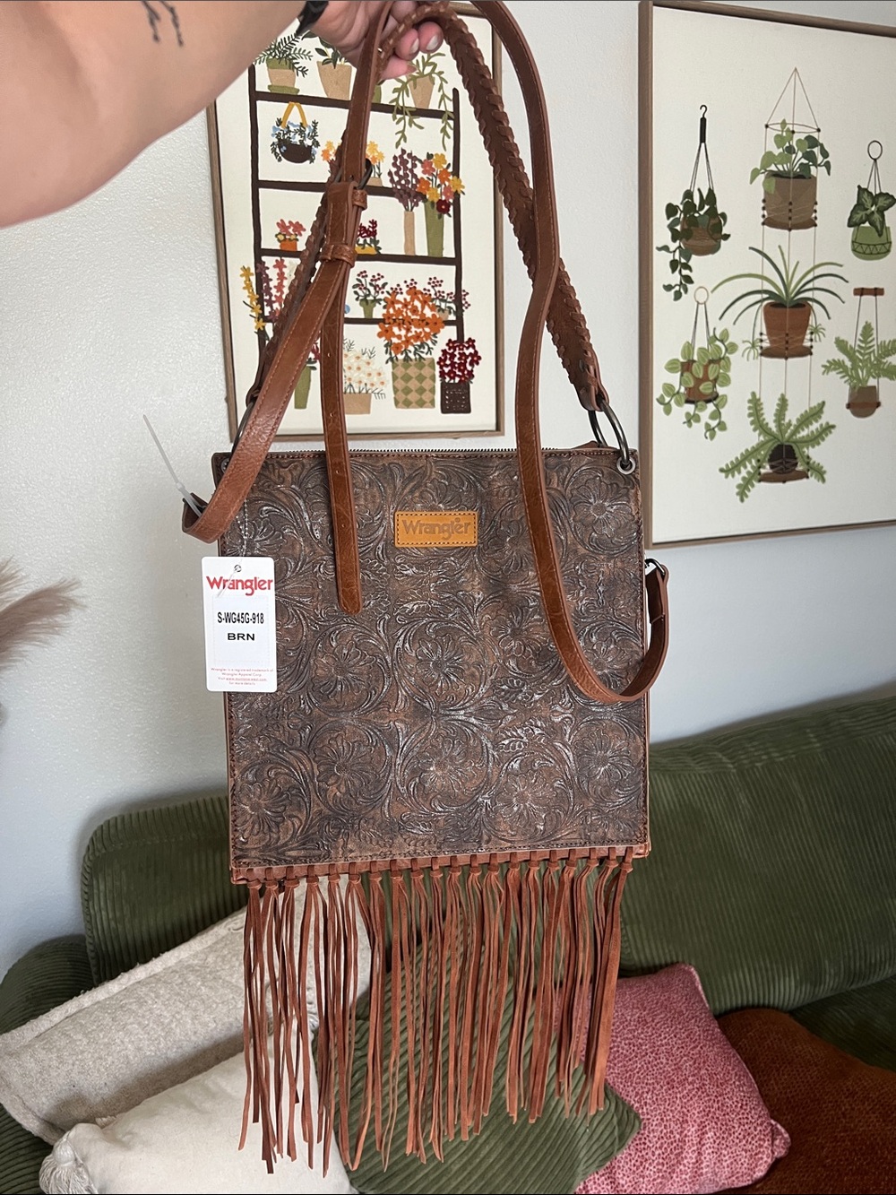 Wrangler Brown Tooled Leather Fringe Shoulder Bag